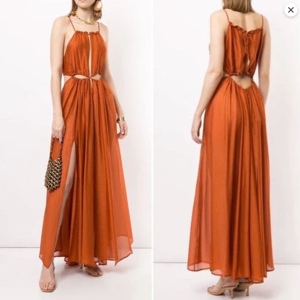 Cult Gaia Orange Amber Thera Cut-Out 100% Silk Maxi Dress Gown, Size Small